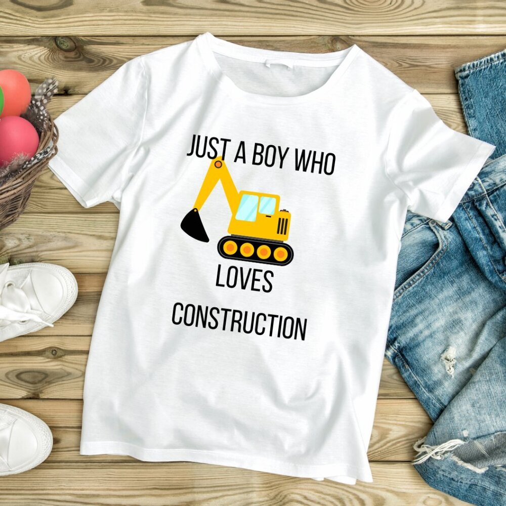 Handmade NWT Just a Boy Who Loves Construction | Kids White Graphic Tee (XS-XL)